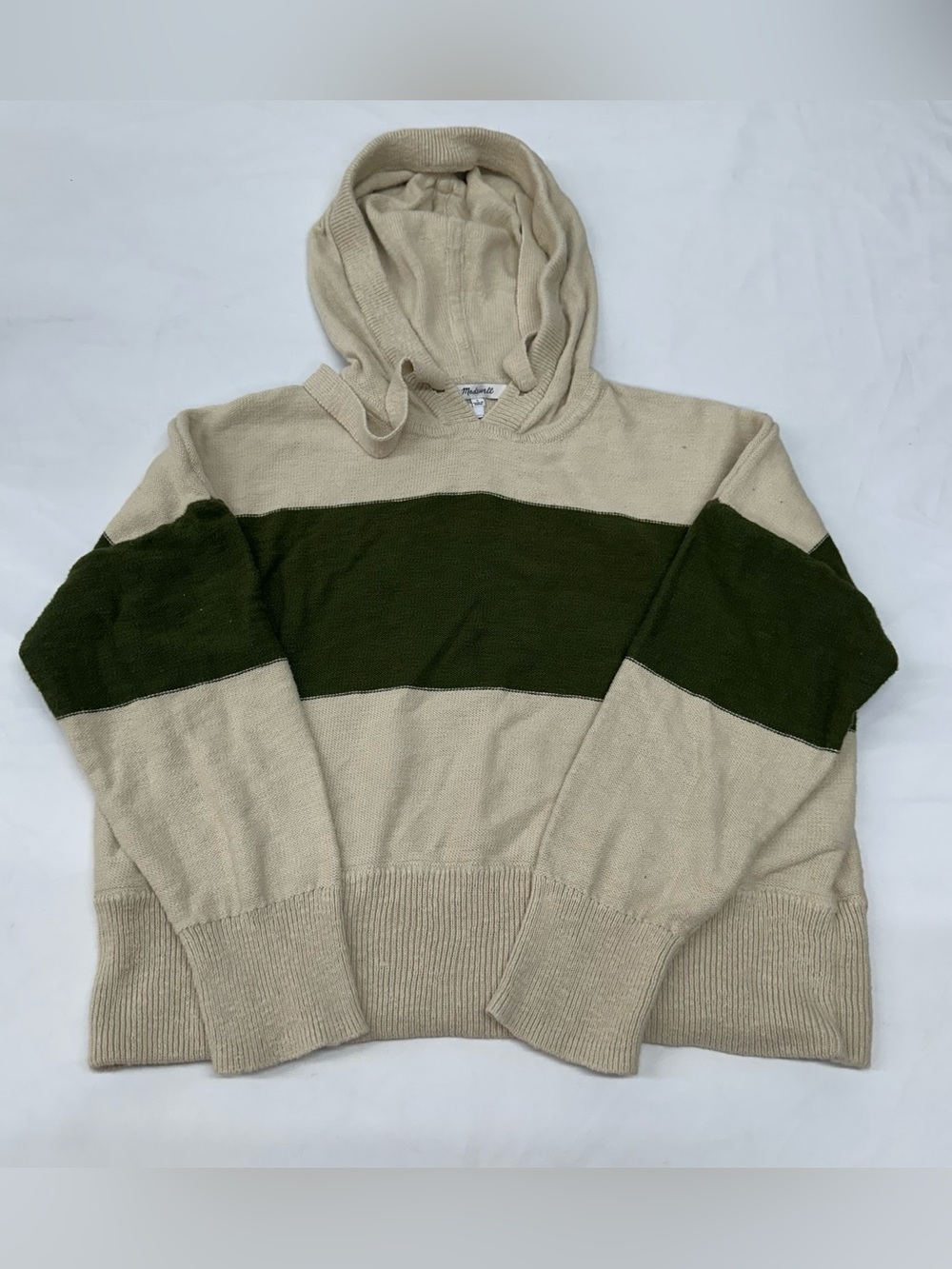 Madewell Women's V-Neck Hooded Sweater - Cream & Olive Green